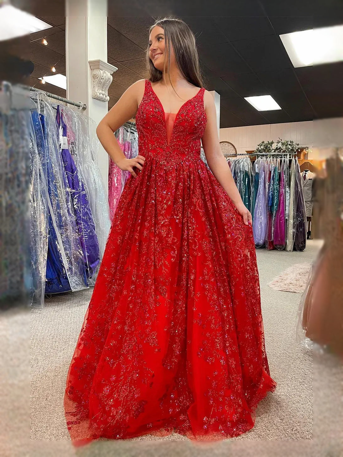 Red sequin floral A-line prom dress with V-neck and backless open back