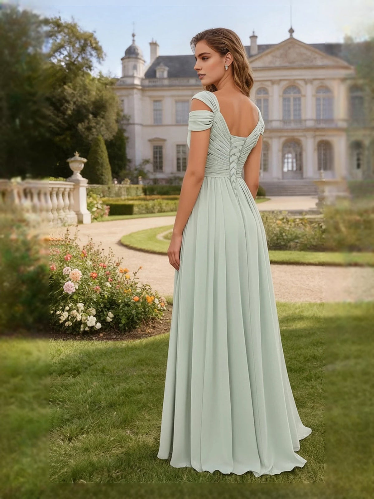 Dusty sage chiffon V-neck A-line bridesmaid dress with ruched bodice and side slit