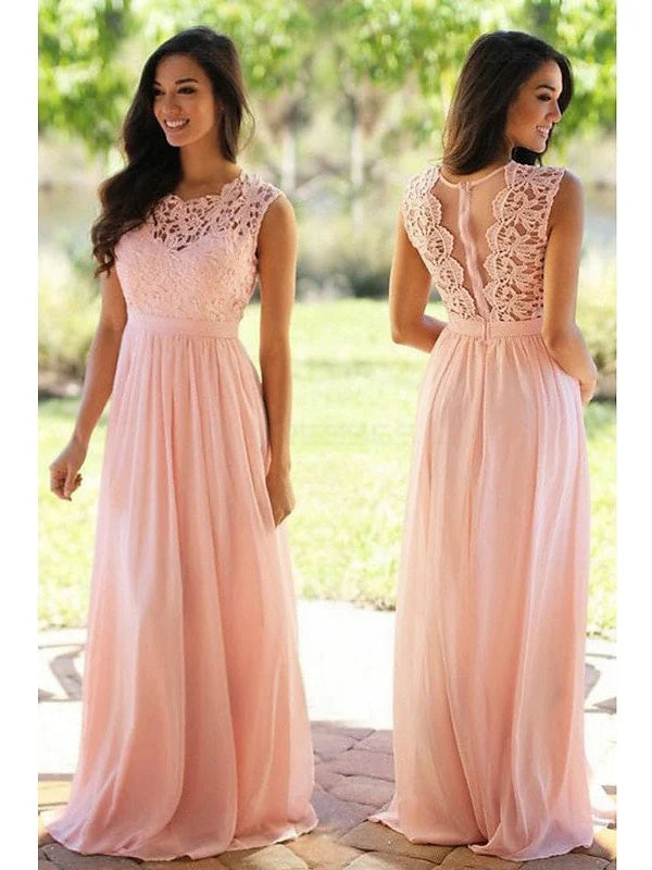 Pearl pink chiffon A-line maxi bridesmaid dress with lace jewel neckline