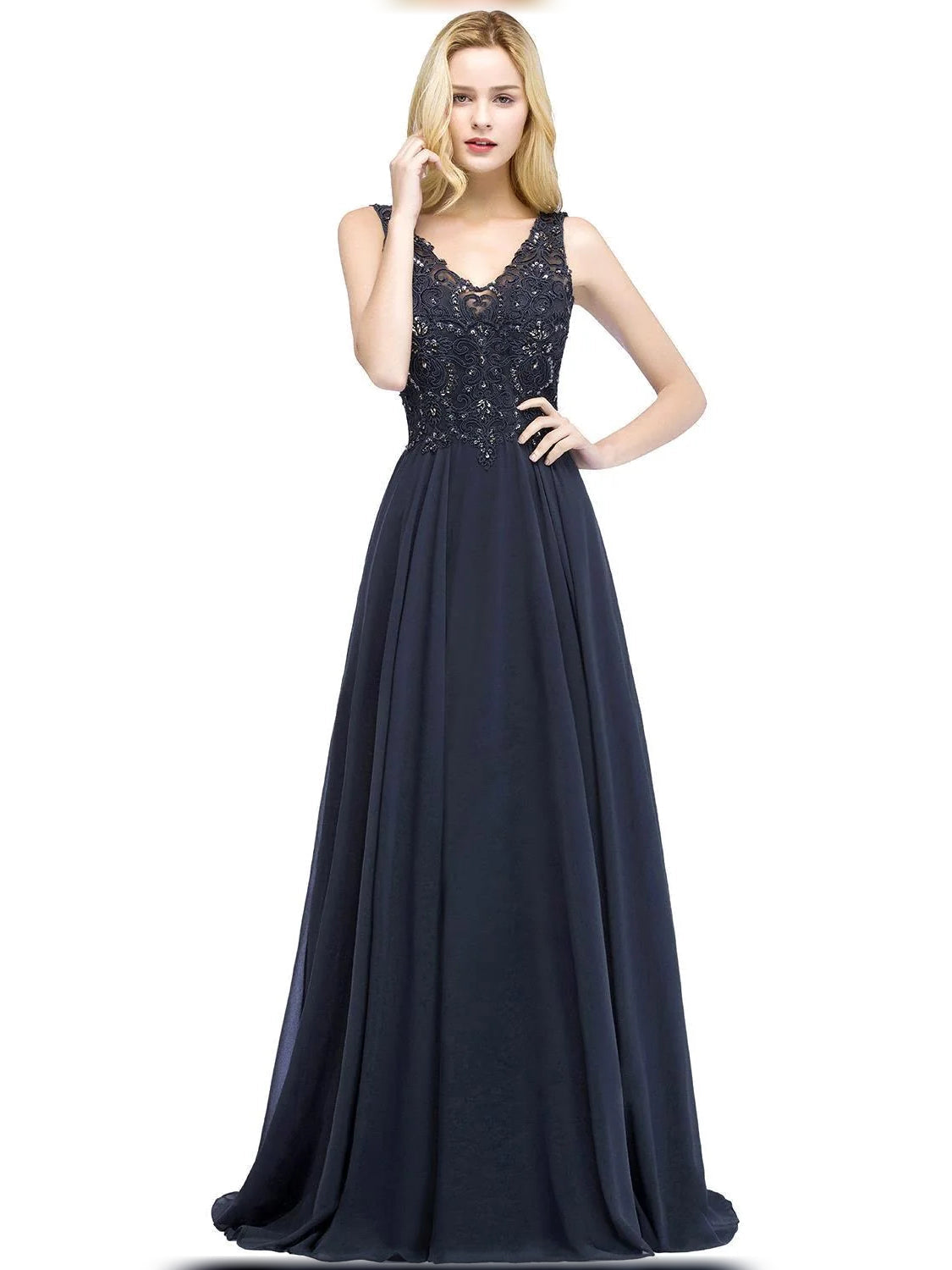 Dark navy sleeveless V-neck chiffon A-line bridesmaid dress with lace bodice and full skirt.