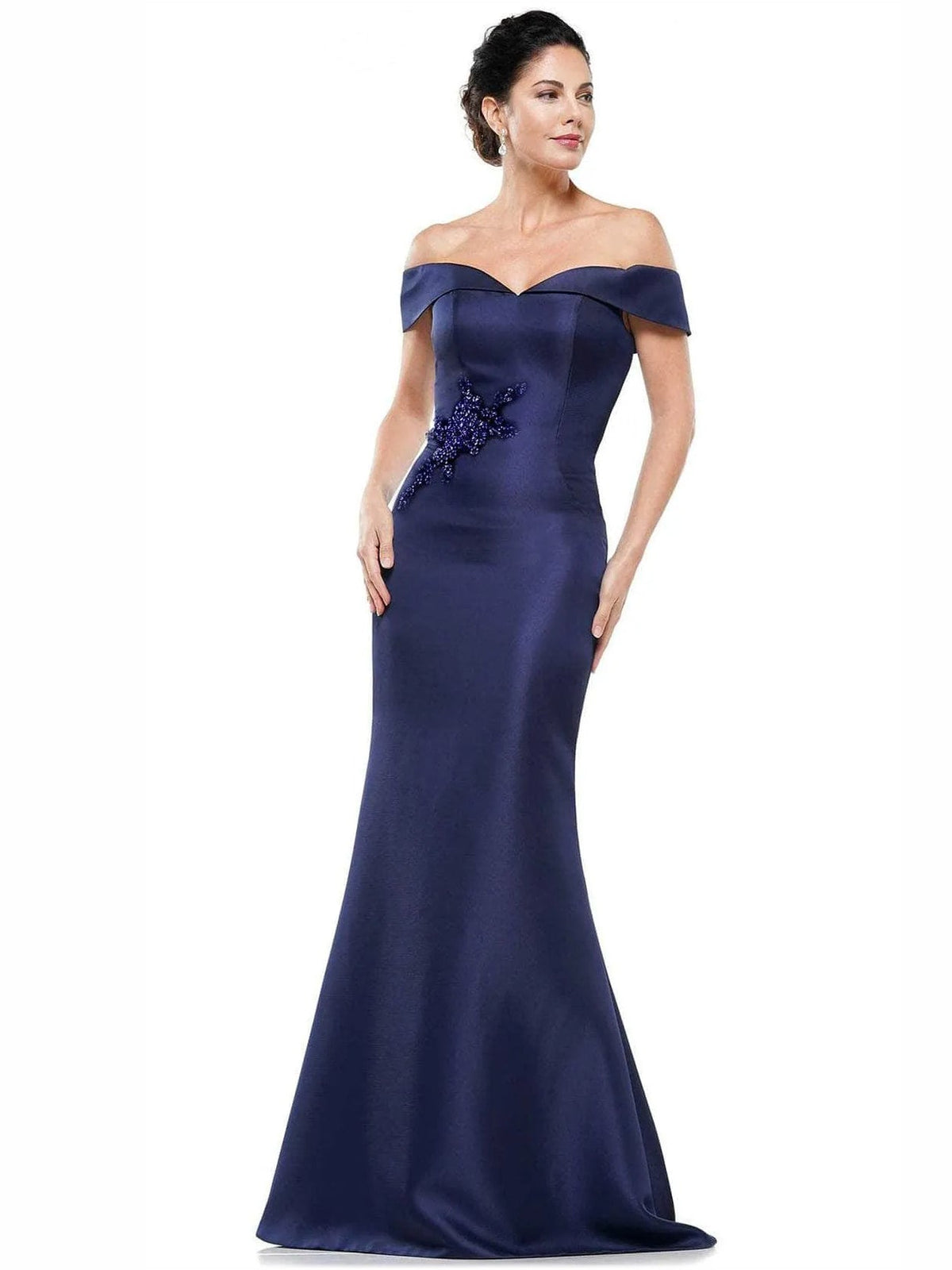 Dark navy off-shoulder mermaid formal dress with beaded neckline detail, floor length.