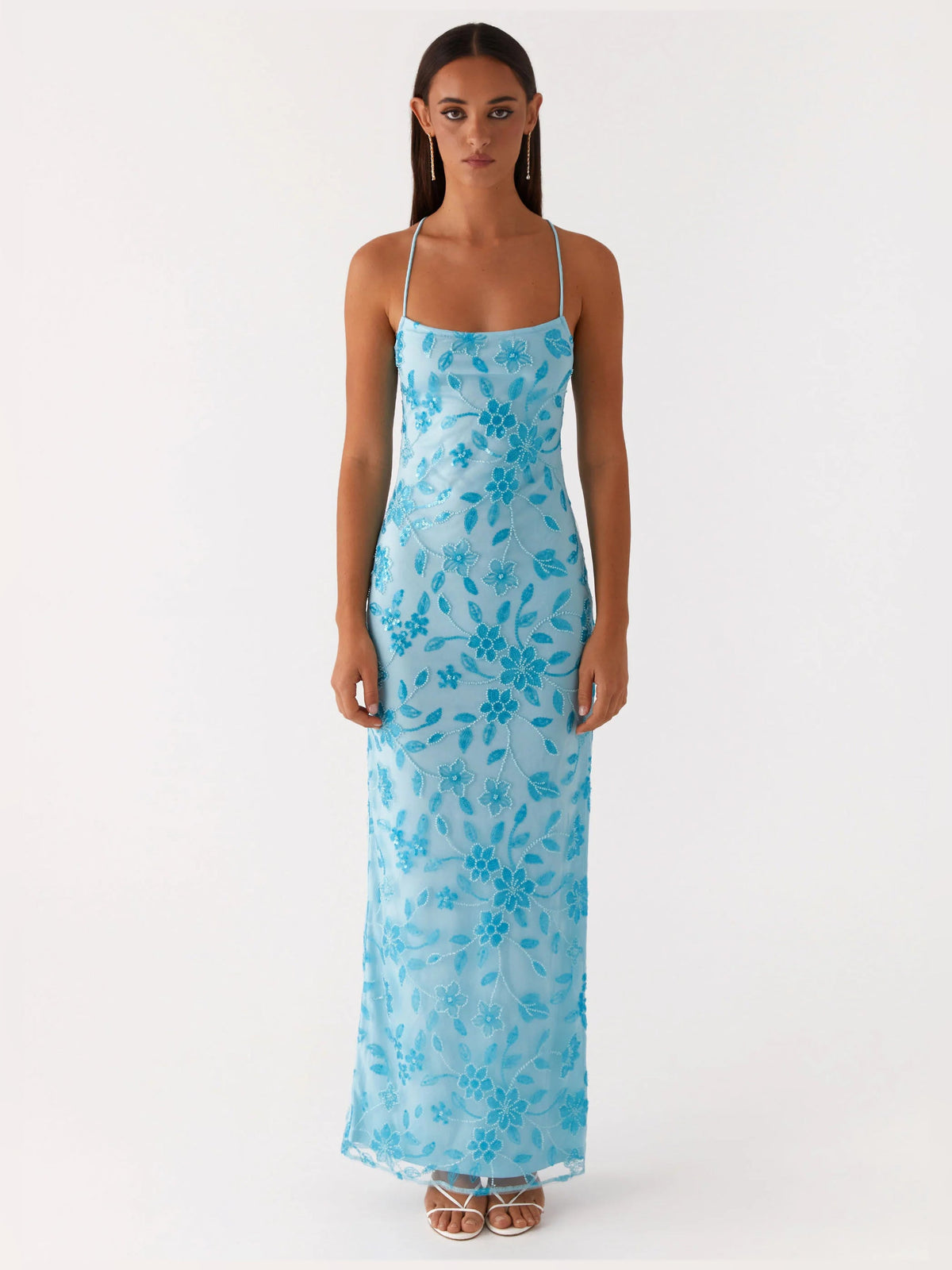 Blue sheath maxi formal dress with floral print, full-length front view