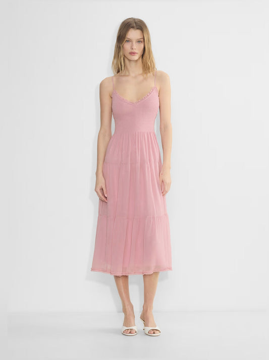 Pink chiffon midi formal dress with V-neck, spaghetti straps, tiered skirt