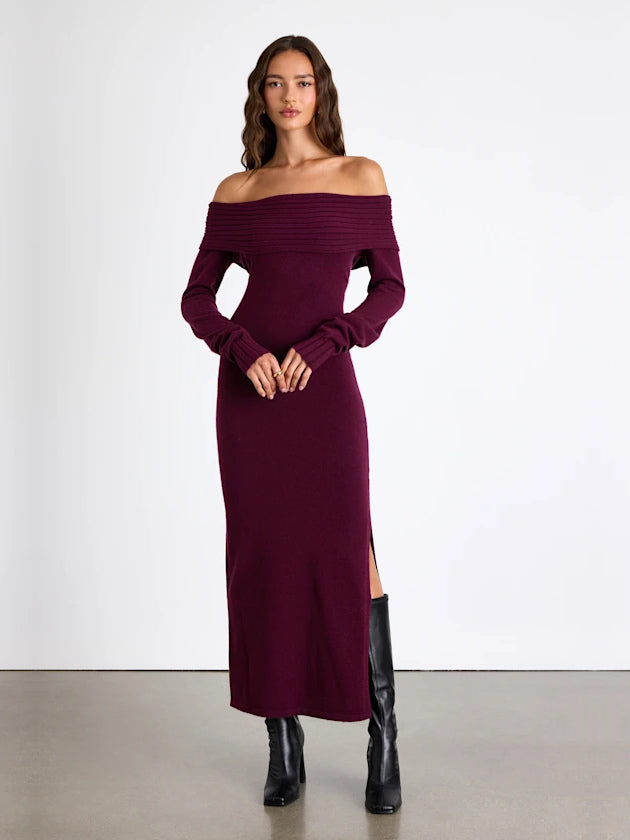 Plum bodycon maxi formal dress with off-the-shoulder neckline, full-length front view