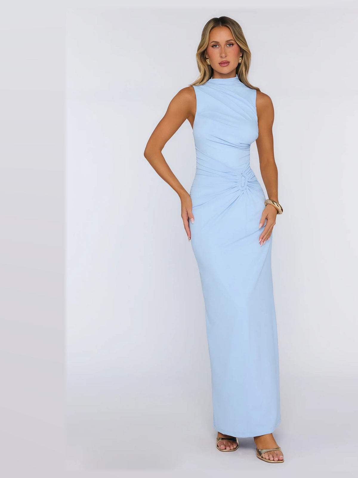 Blue formal dress with a-line silhouette and maxi length