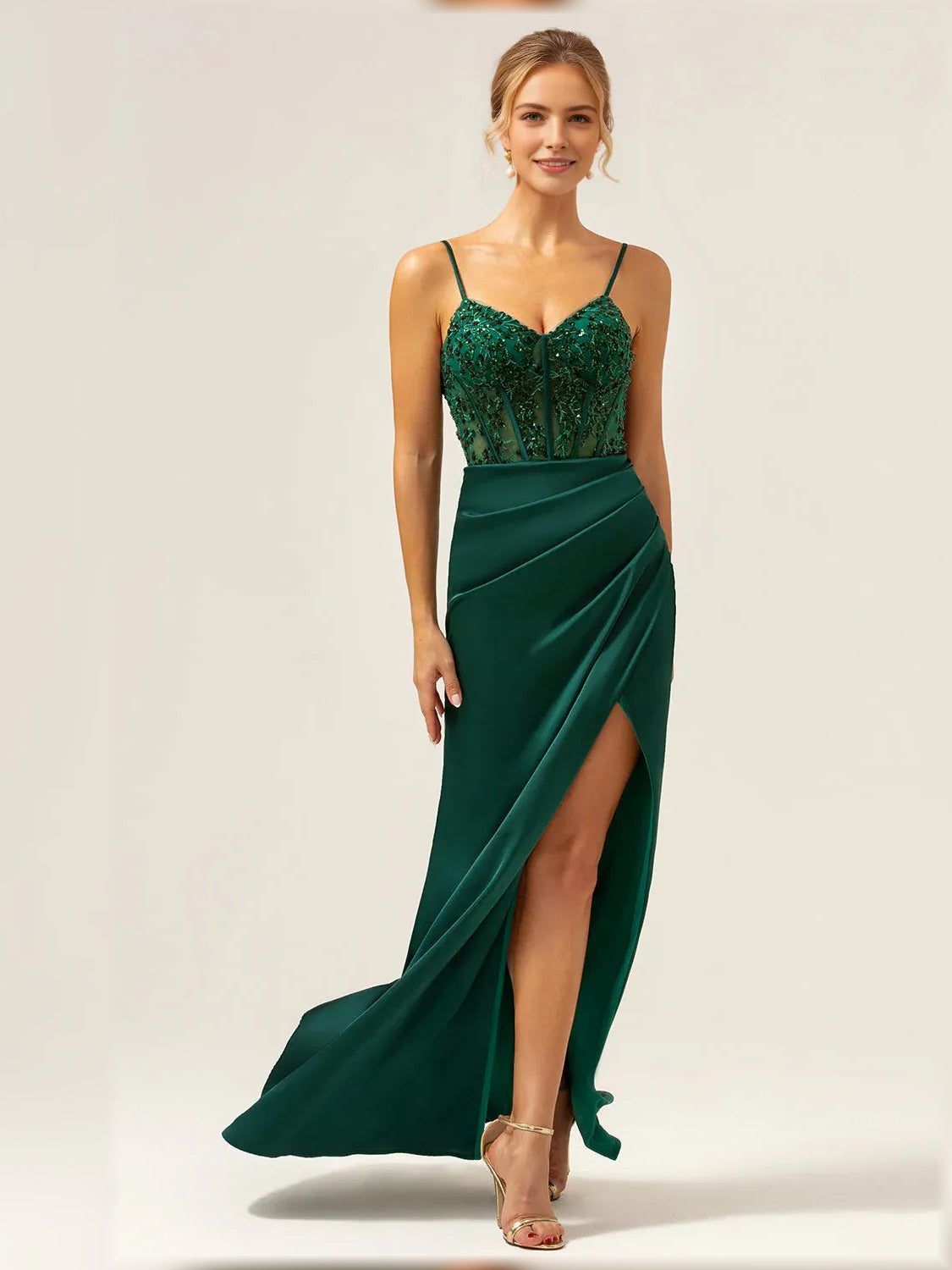 Dark green sweetheart corset formal dress, lace bodice, spaghetti straps, long slit skirt