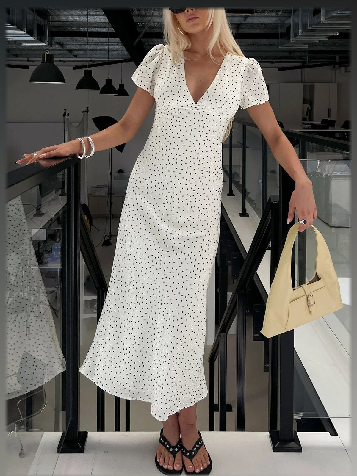 White Polka Dot formal dress with a-line silhouette and maxi length