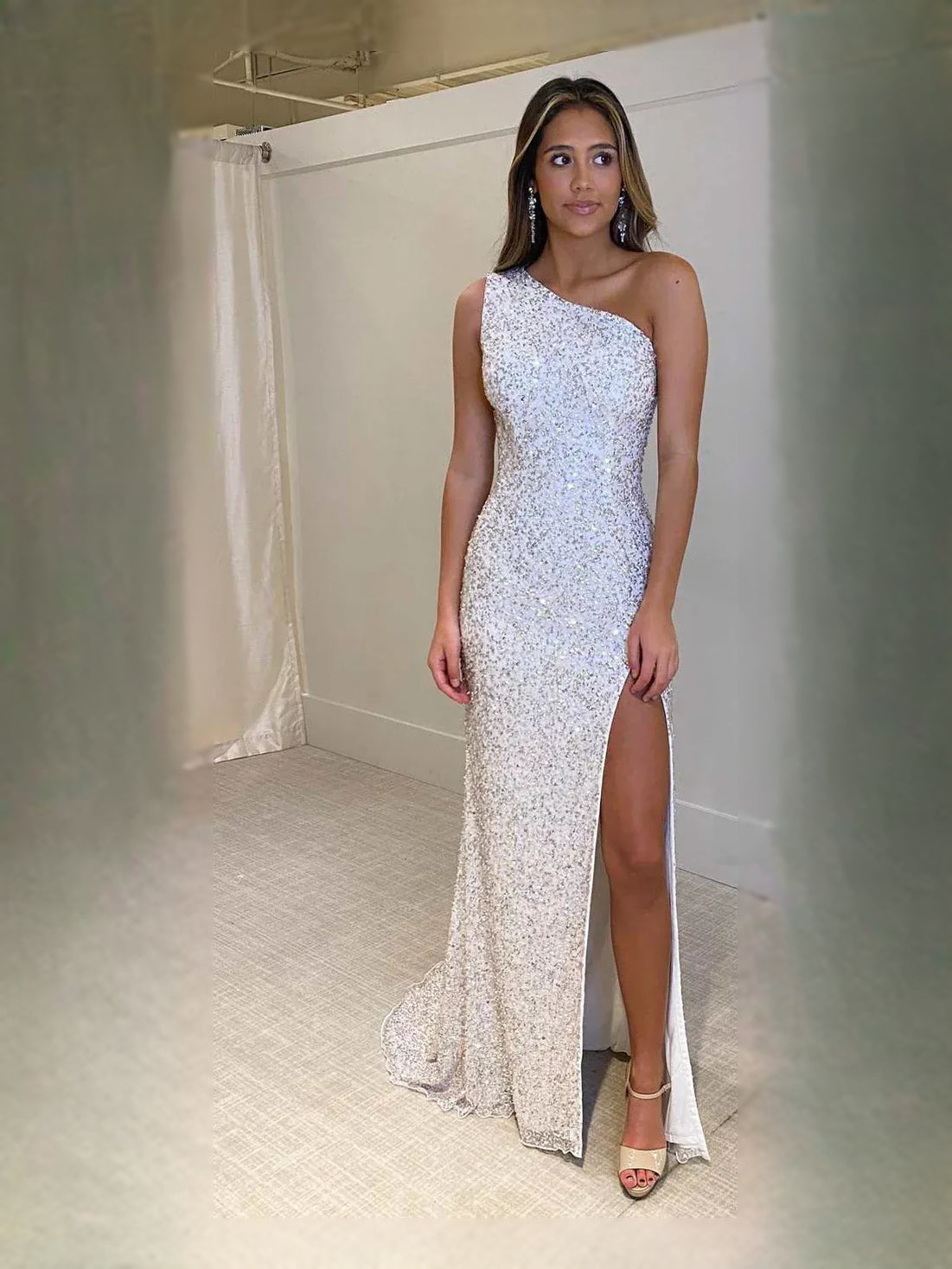 White sequin one-shoulder mermaid prom dress with thigh-high slit