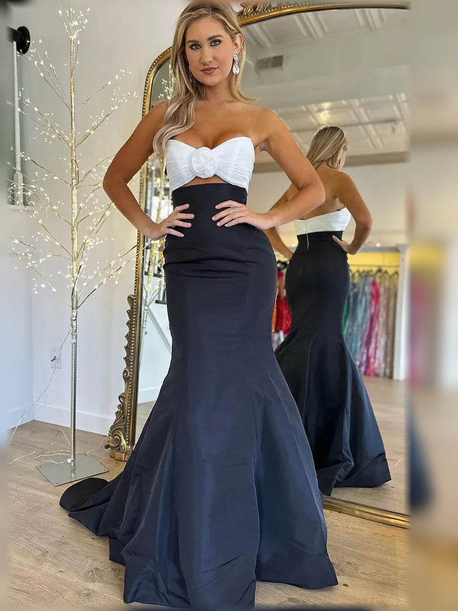 Sweetheart corset formal dress with black skirt and white floral bodice, floor-length