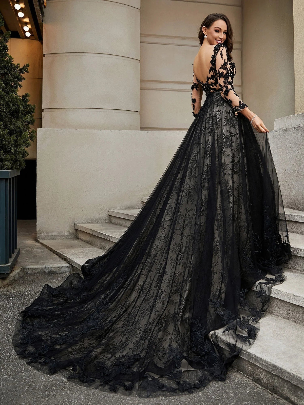Black V-neck tulle wedding dress with floral applique, A-line floor-length skirt