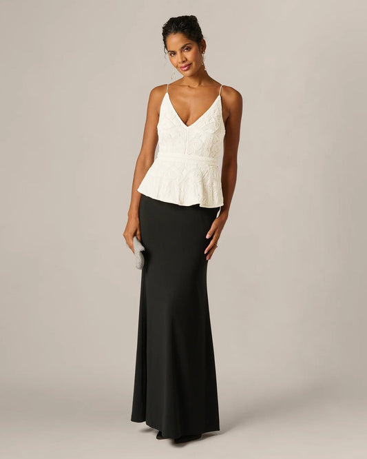 Spaghetti-strap ivory lace peplum bodice with black A-line maxi skirt