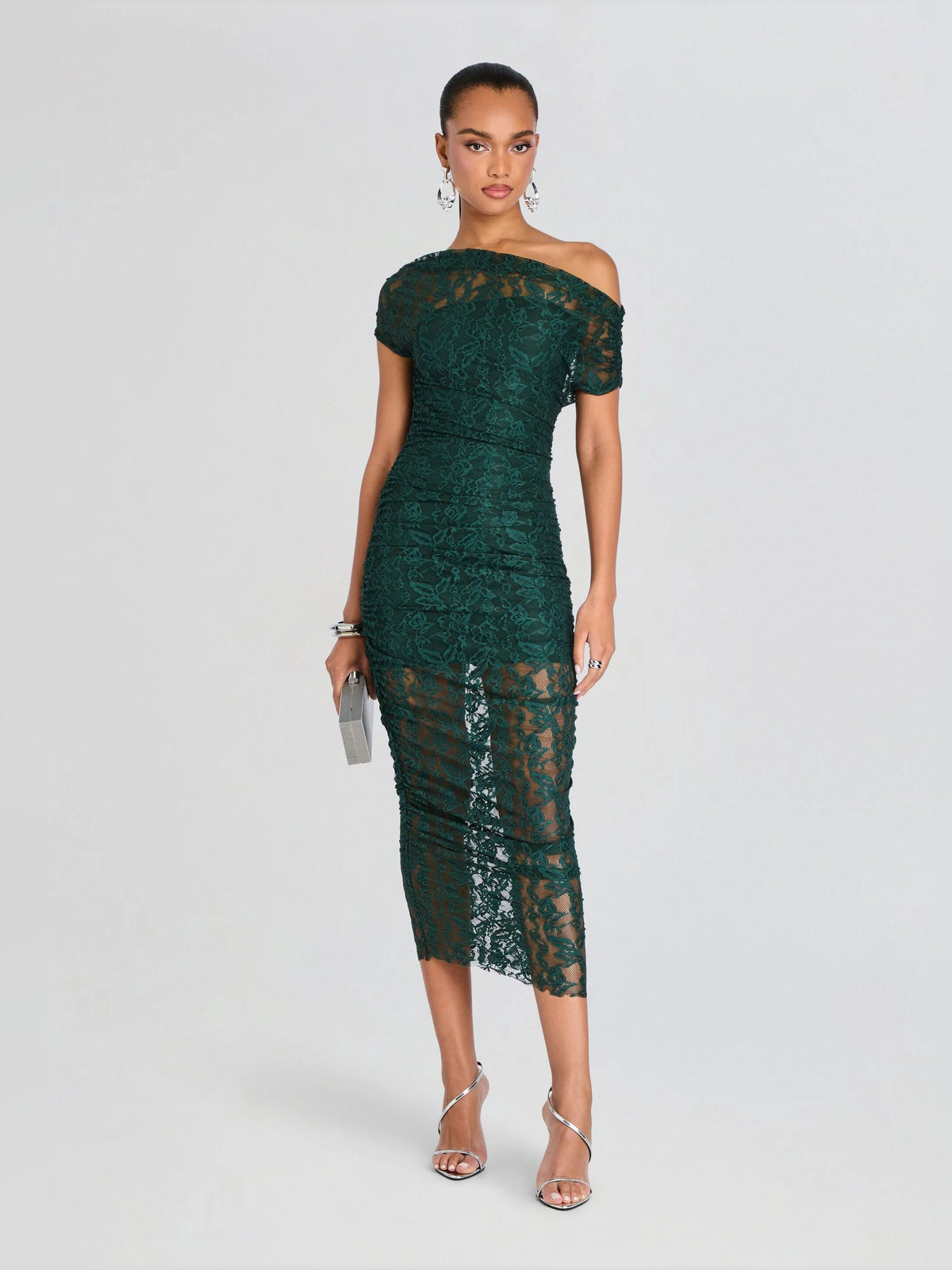Teal lace midi formal dress, off-shoulder neckline, short cap sleeves