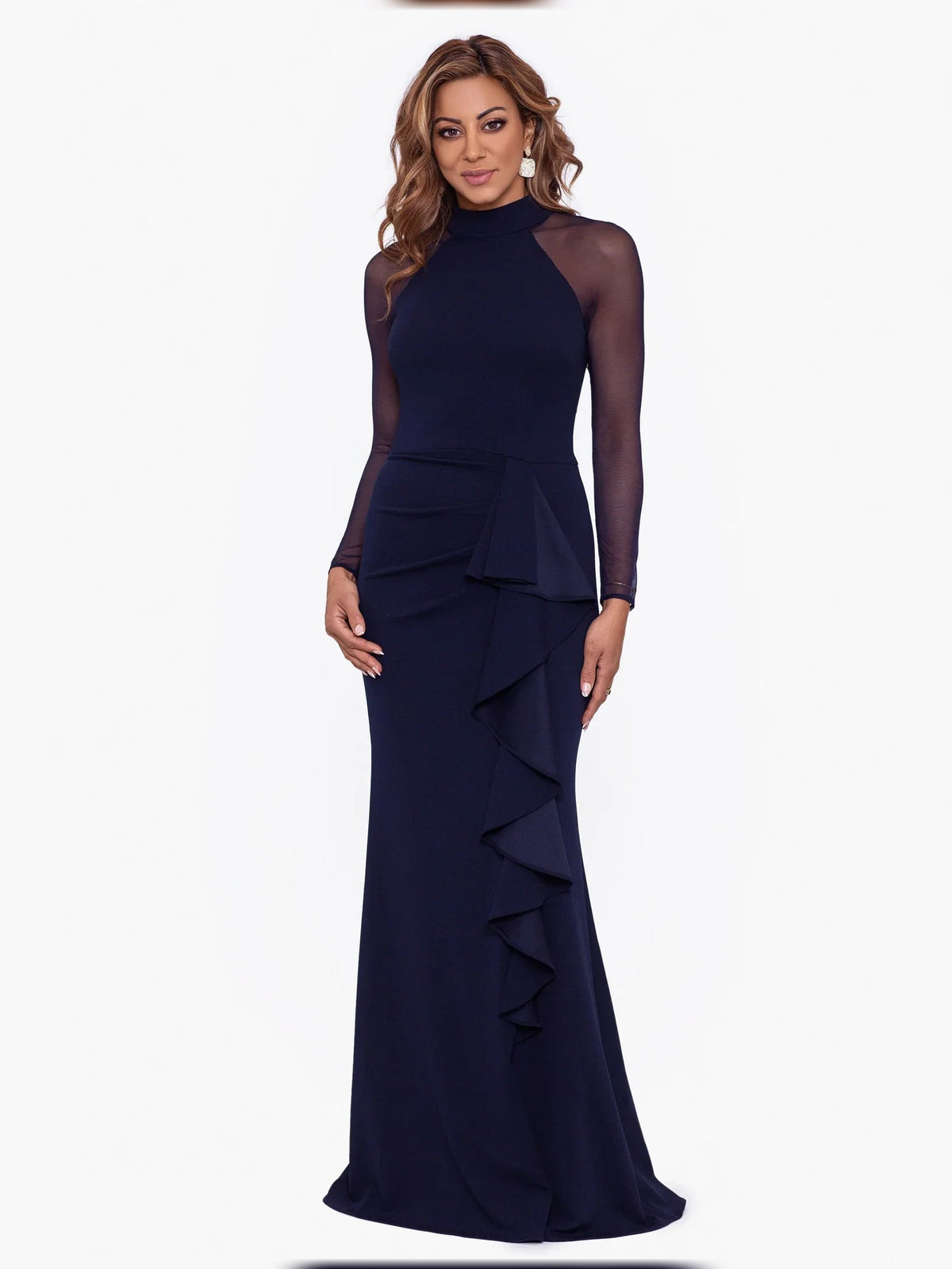 Dark navy high-neck mermaid maxi dress with sheer sleeves and layered ruffle skirt