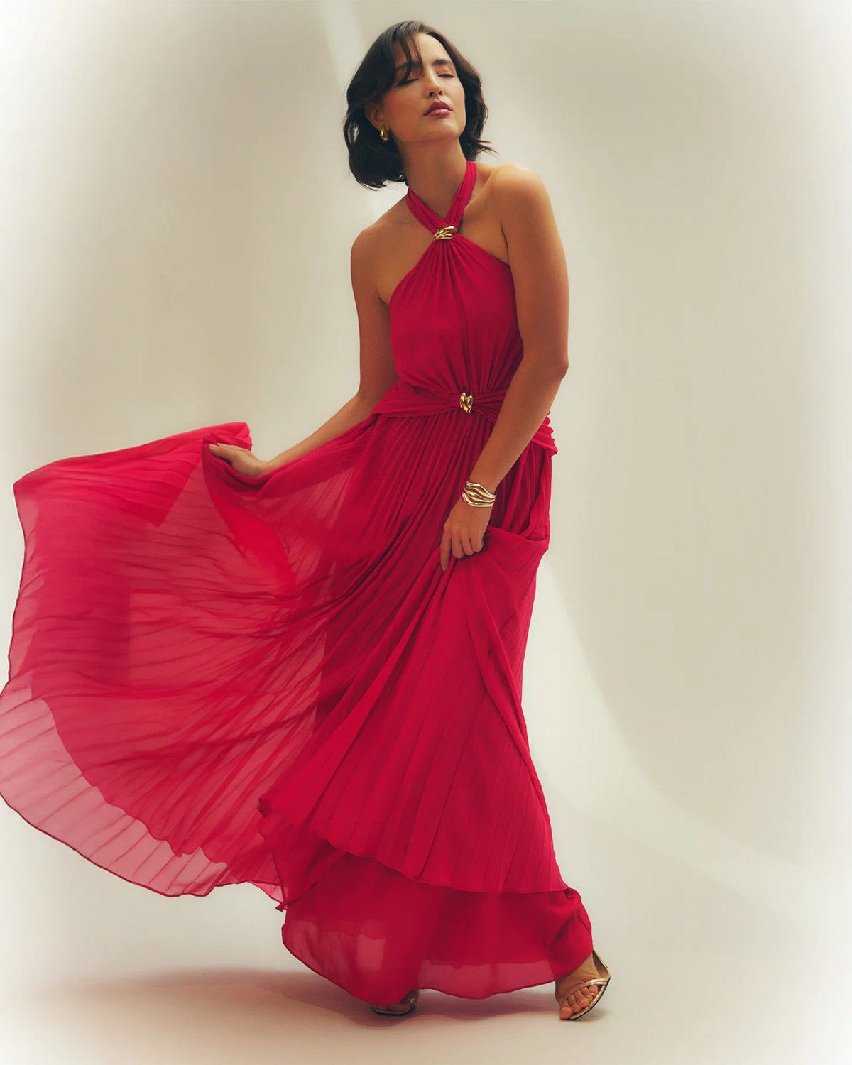 Cherry red halter maxi dress with pleated A-line skirt and ruched chest tie