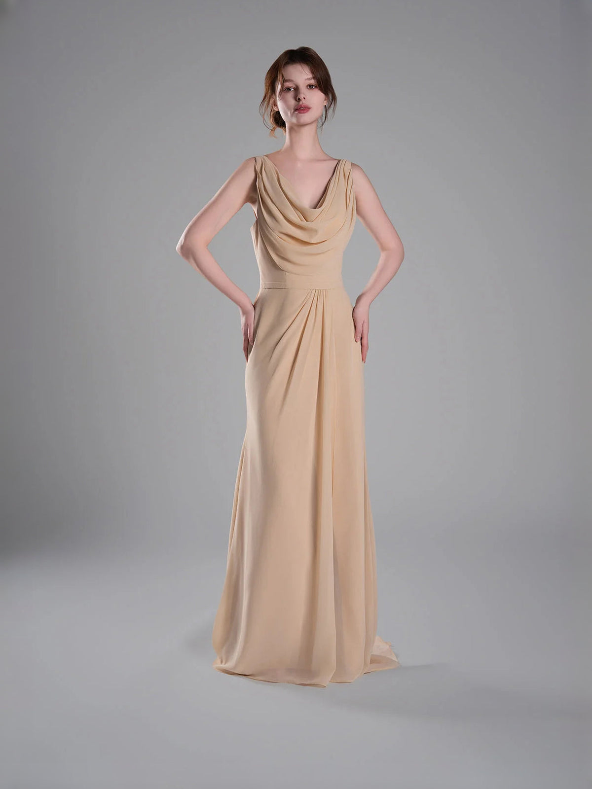 Beige cowl-neck sheath maxi dress, draped bodice and sleeveless chiffon skirt