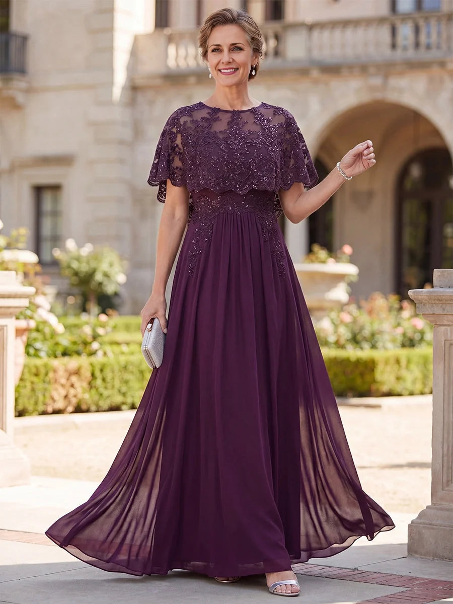 Deep purple chiffon A-line dress with sequined lace cape sleeves, floor length