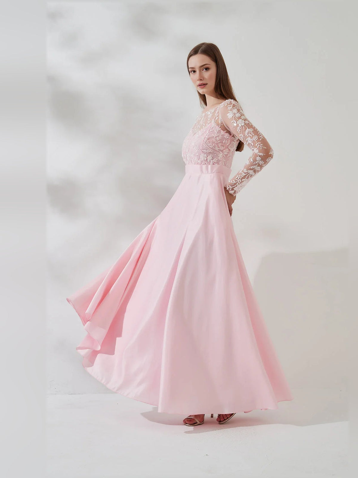 Light pink floral lace long-sleeve formal dress with open back, A-line skirt