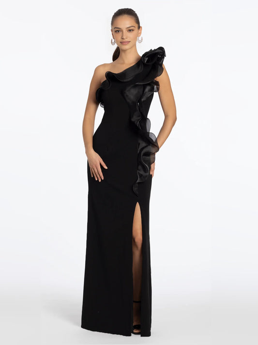 Black one-shoulder ruffle sheath formal dress with floor-length skirt and slit front