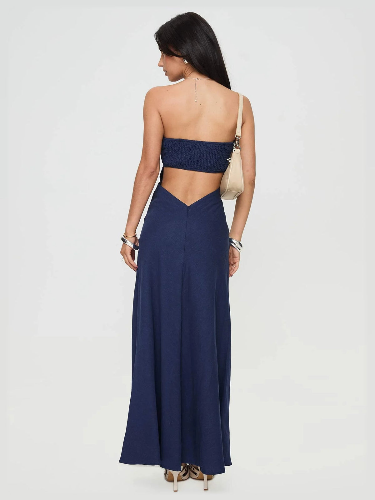 Navy formal dress with a-line silhouette and maxi length