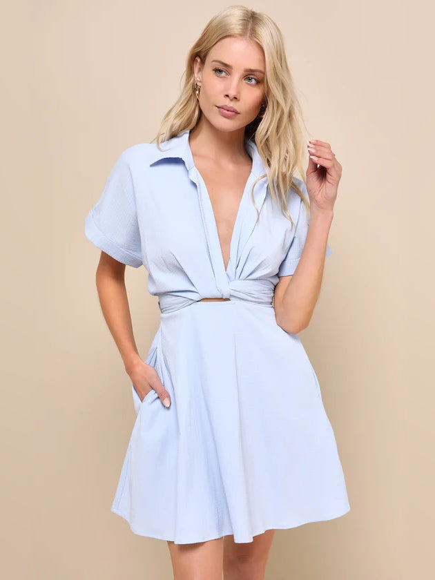 Light blue collared mini dress with short sleeves, twist front, V-neck