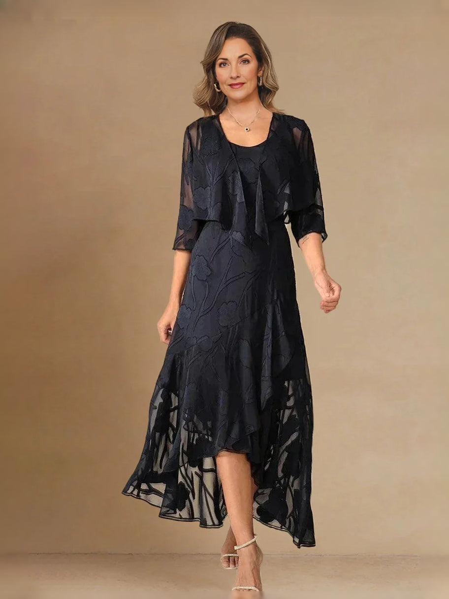 Floral chiffon midi dress, dark blue scoop neck with flutter sleeves and A-line hem