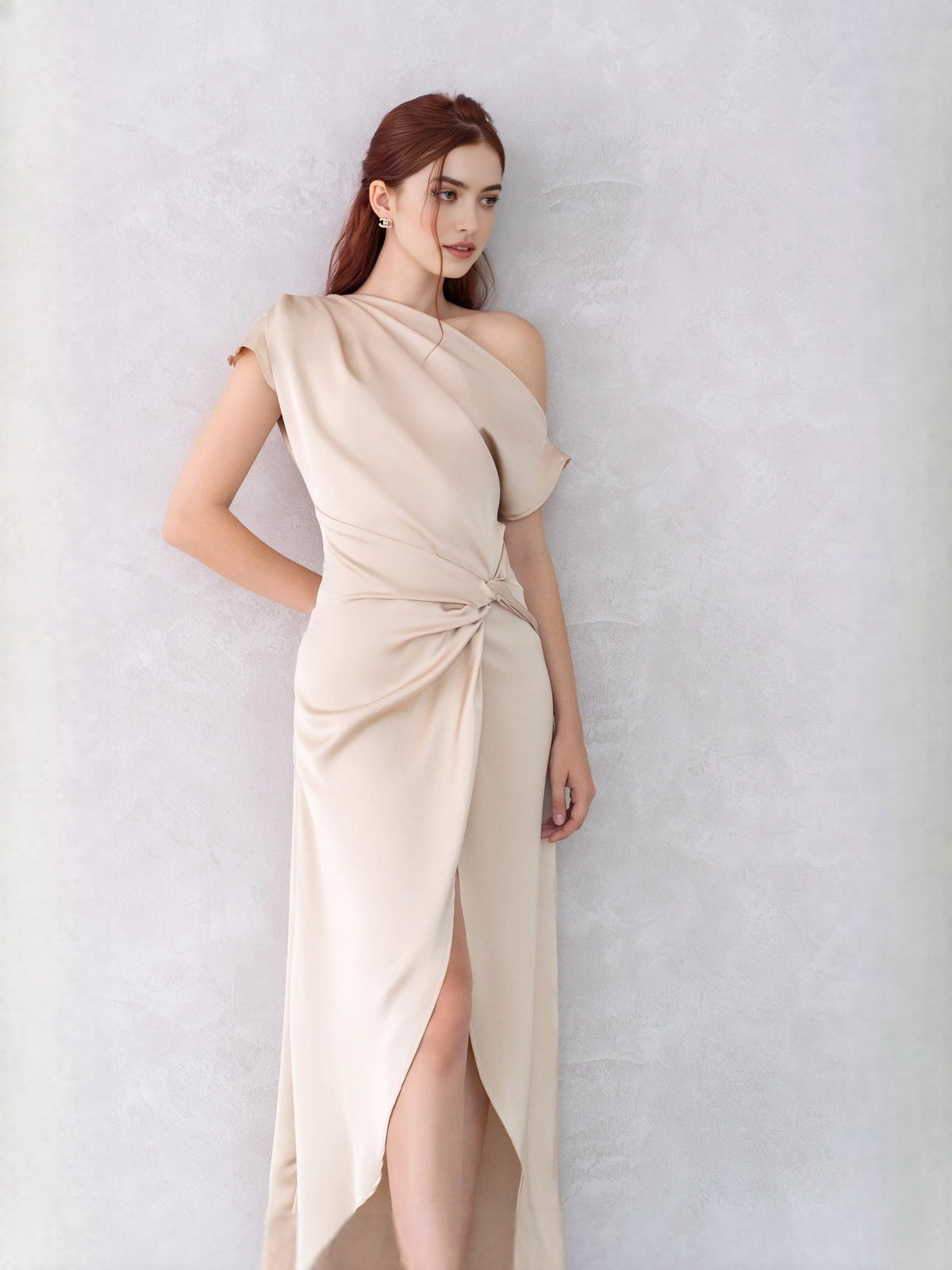 Champagne off-shoulder satin prom dress with draped waist and front slit