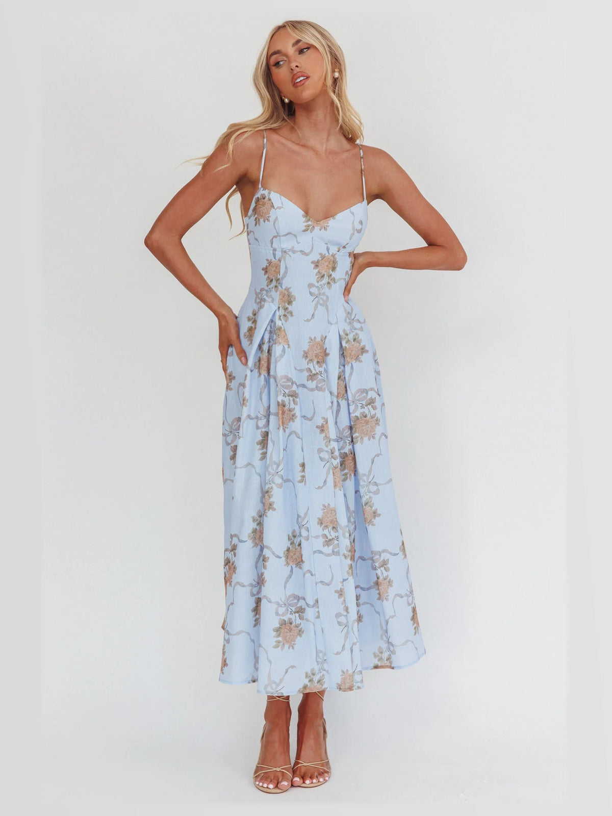 Blue formal dress with a-line silhouette and maxi length