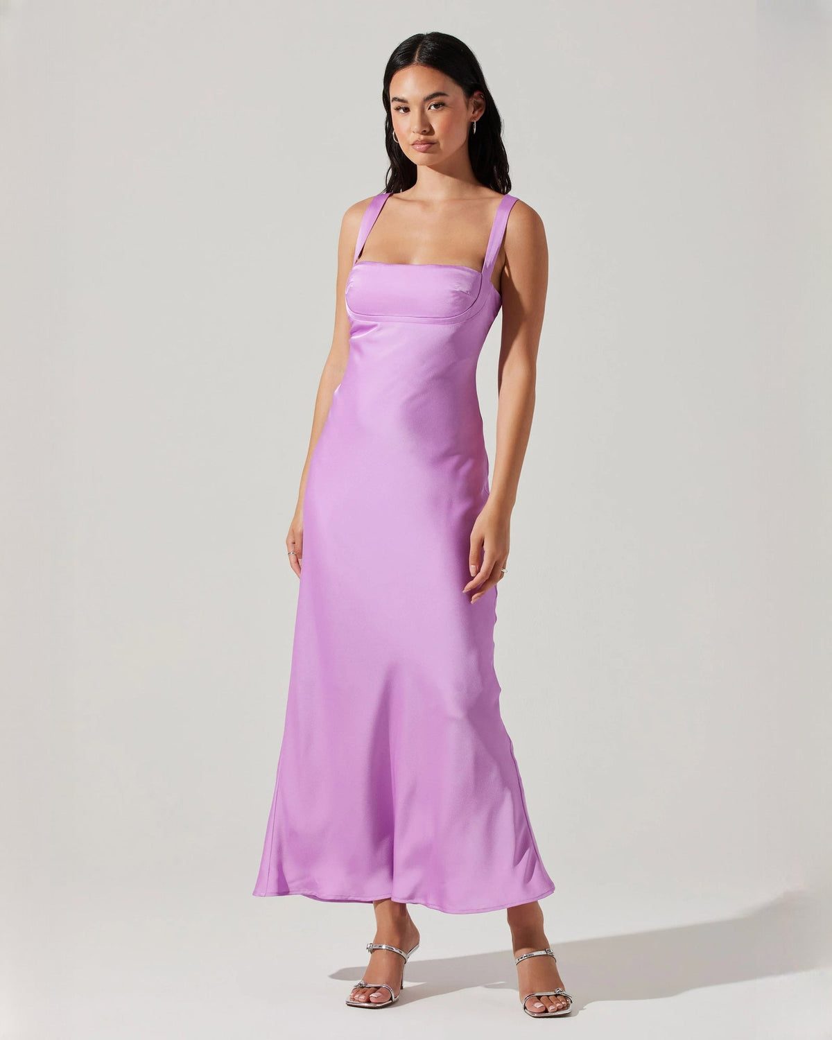 Lilac satin sleeveless A-line maxi bridesmaid dress with square neckline