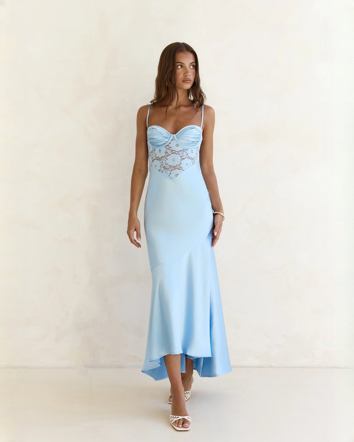 Light blue sleeveless mesh A-line maxi bridesmaid dress with lace bodice