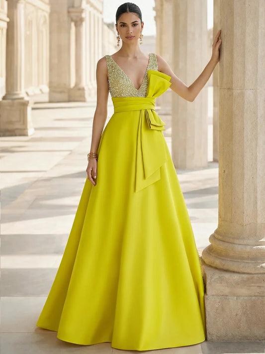 Yellow sleeveless sequin deep V-neck A-line formal dress with waist bow