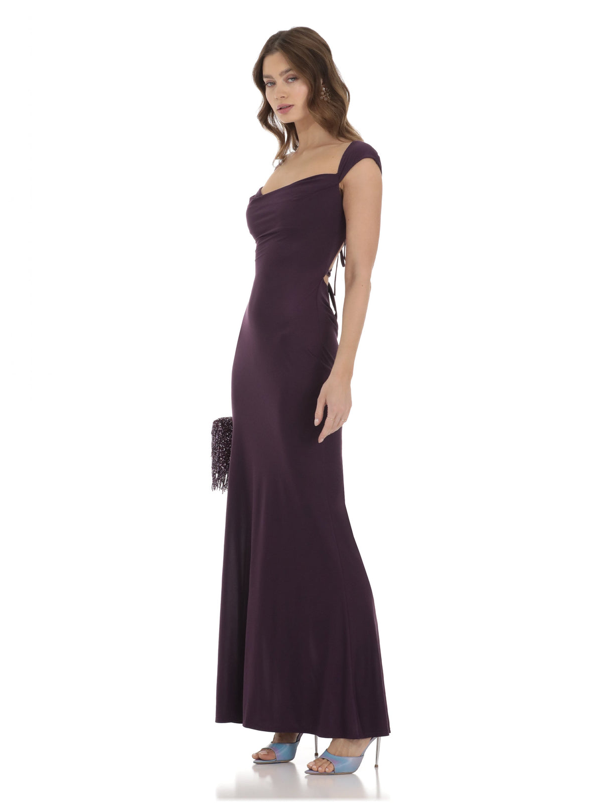 Purple bridesmaid dress with a-line silhouette and maxi length