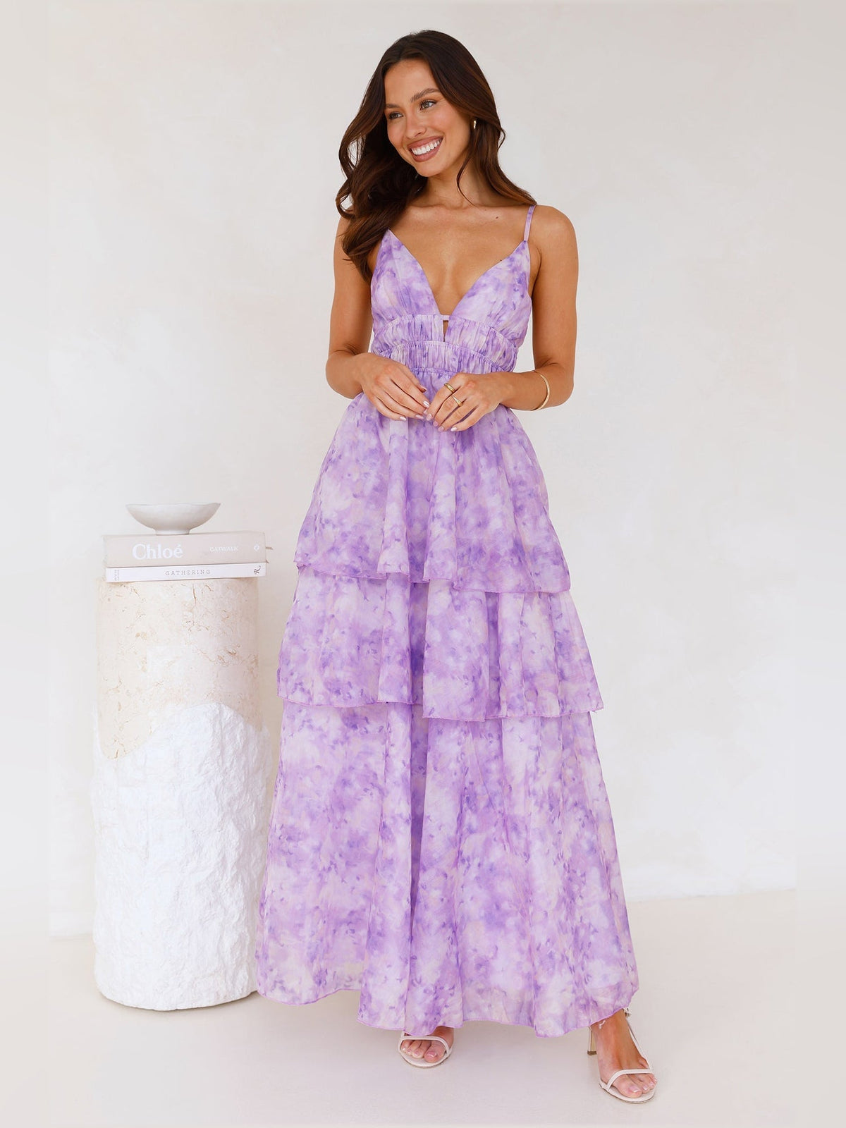 Lilac a-line maxi formal dress with V-neckline, full-length front view
