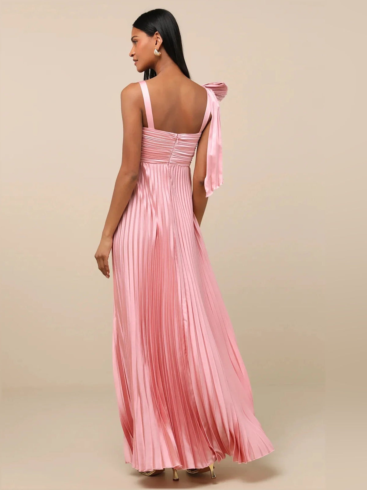 Blush pink satin A-line maxi dress, square neckline, ruched pleated bodice, back tie straps