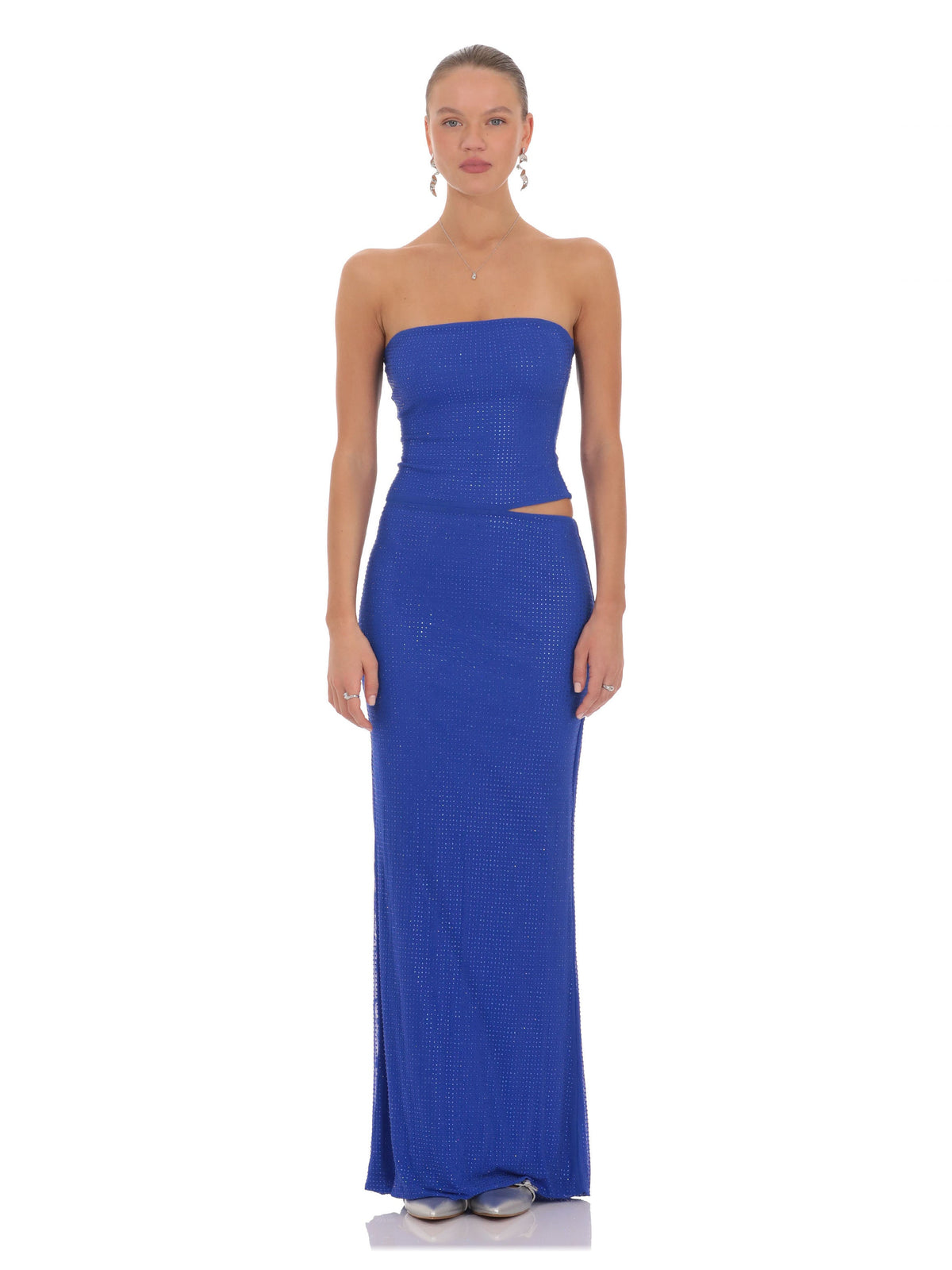 Blue bridesmaid dress with a-line silhouette and maxi length