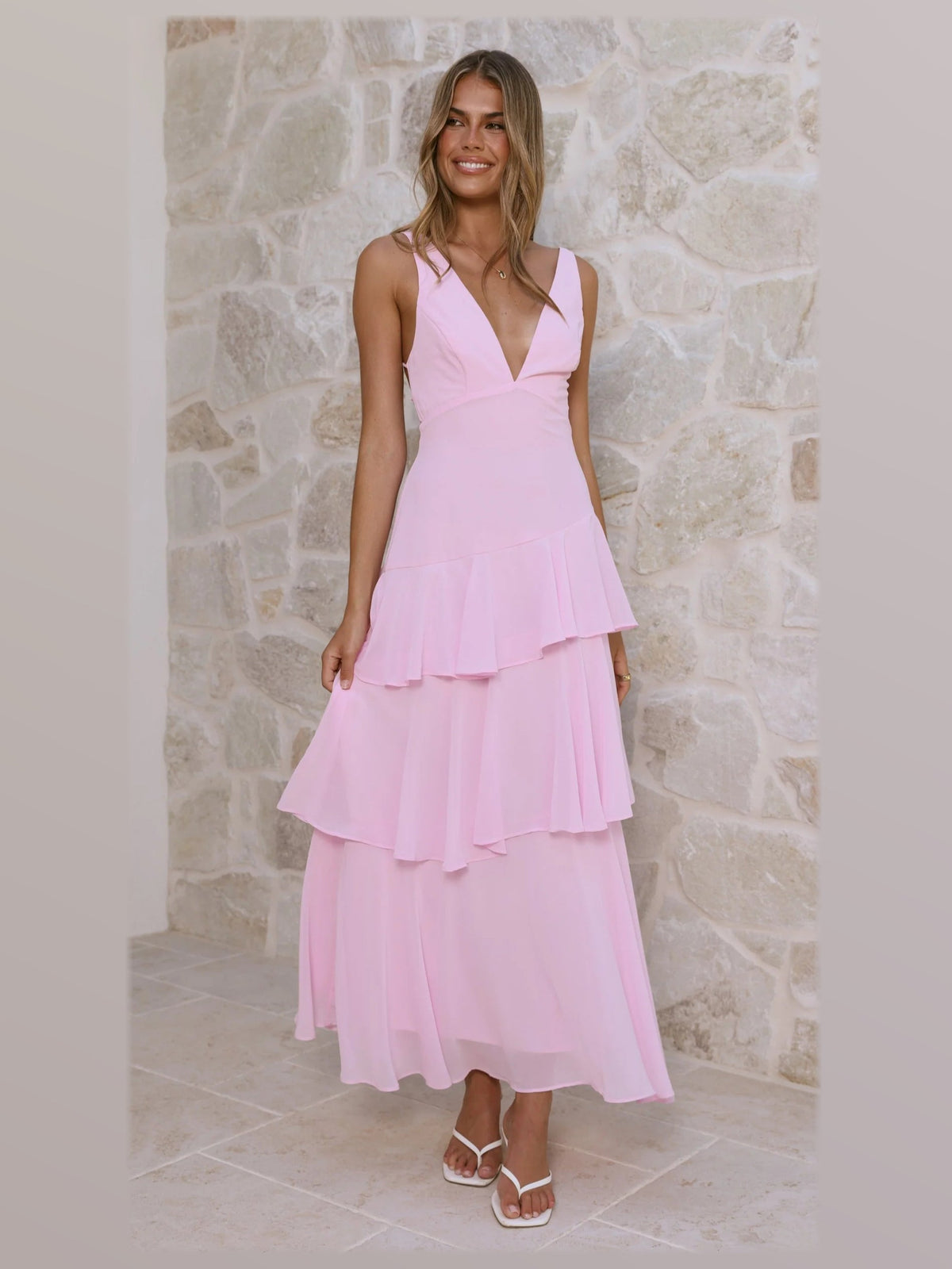 Pink maxi formal dress, front full-length view showing the neckline