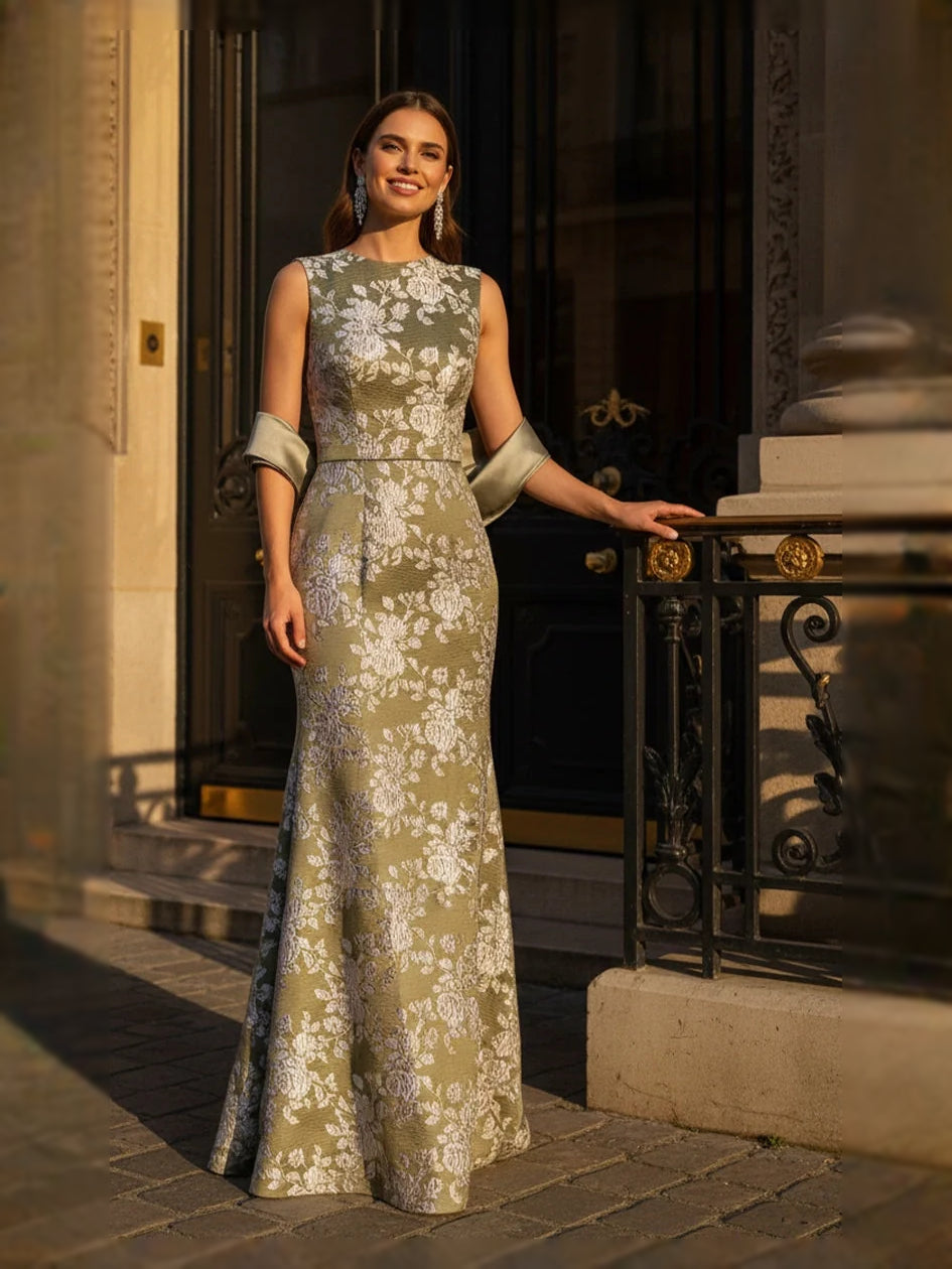 Sage green floral mermaid evening dress with scoop neck, sleeveless bodice, floor length