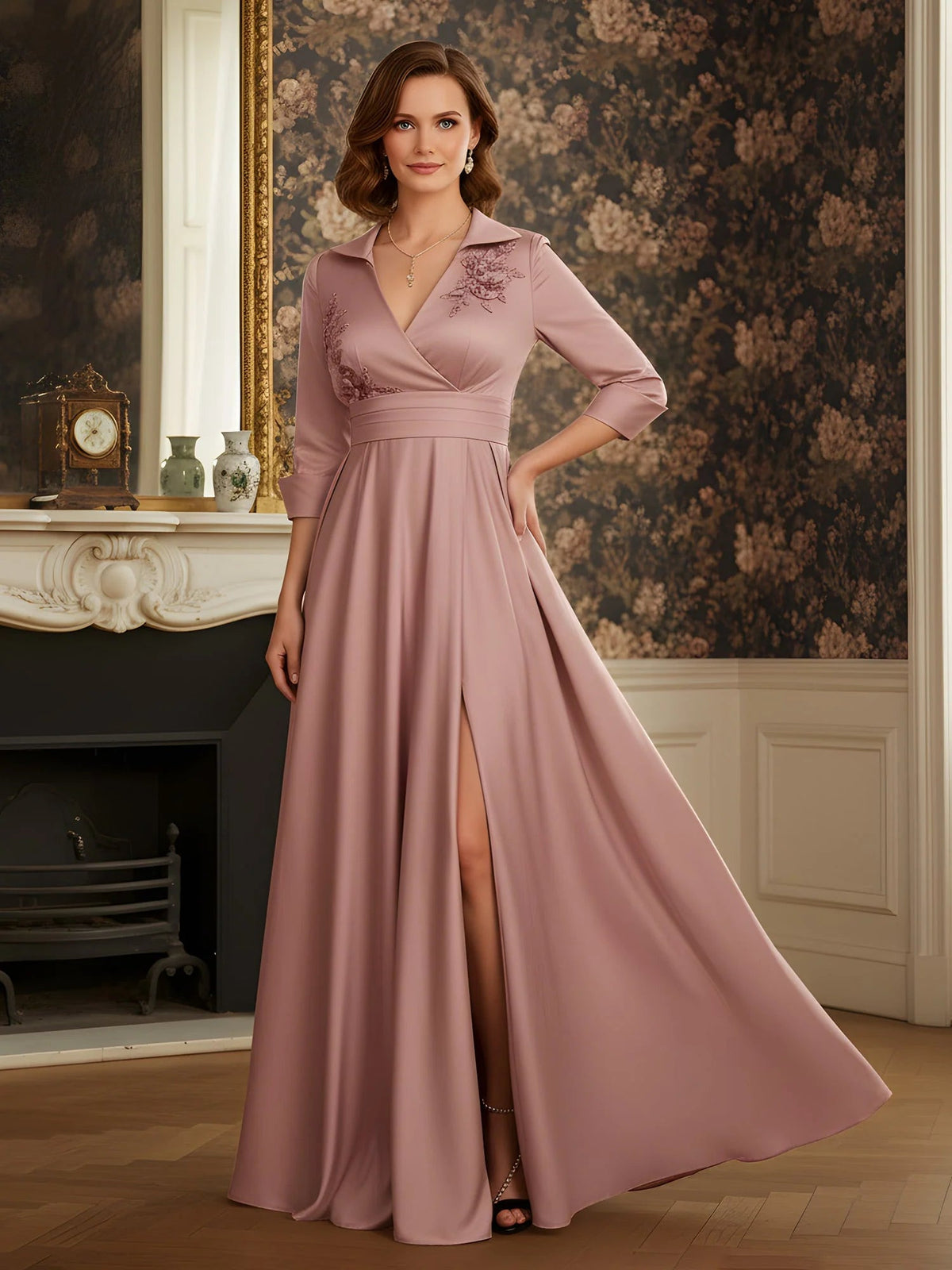 Dusty rose satin formal gown with V-neck, long sleeves, A-line, floor length