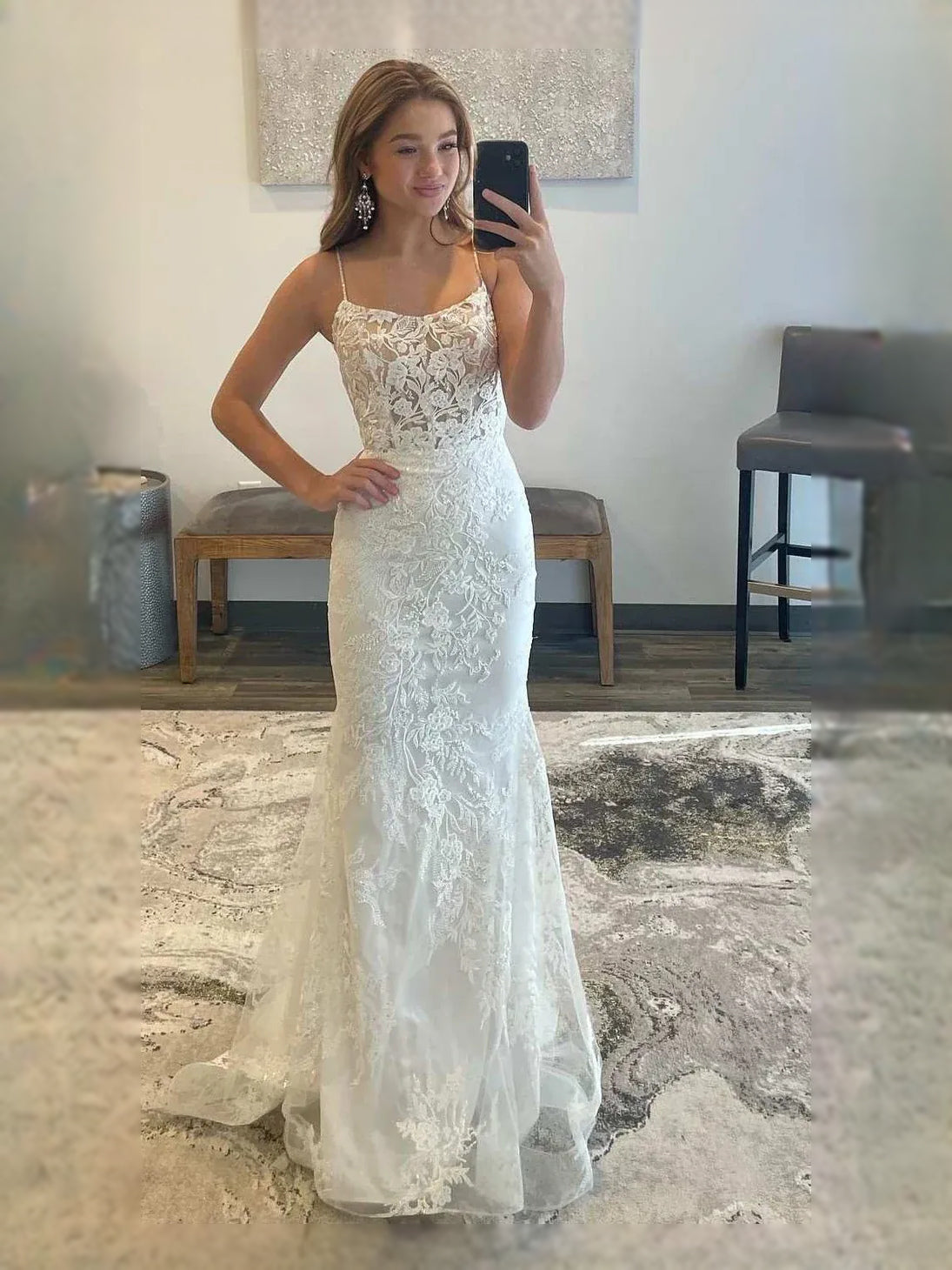 White lace mermaid maxi prom dress with square neckline and spaghetti straps