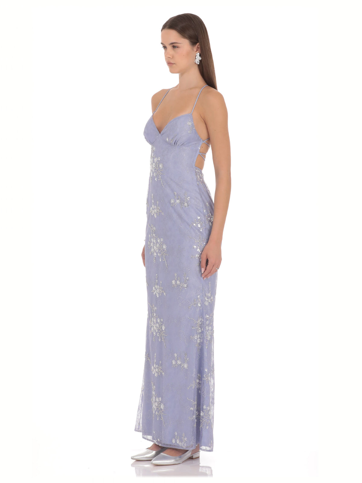 Lavender bridesmaid dress with a-line silhouette and maxi length
