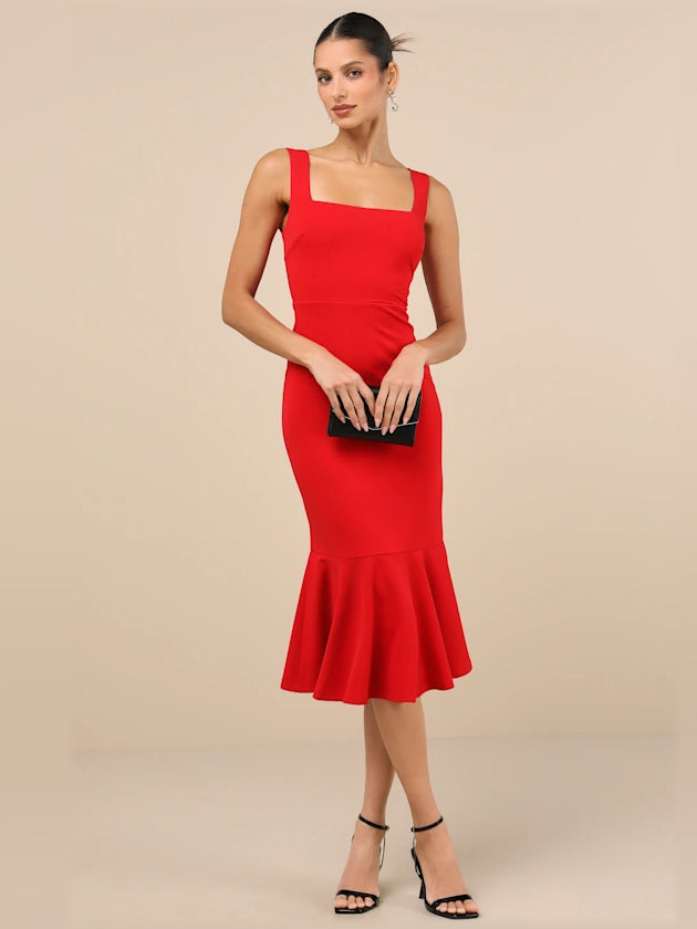 Red square-neck sleeveless trumpet midi dress with flared hem