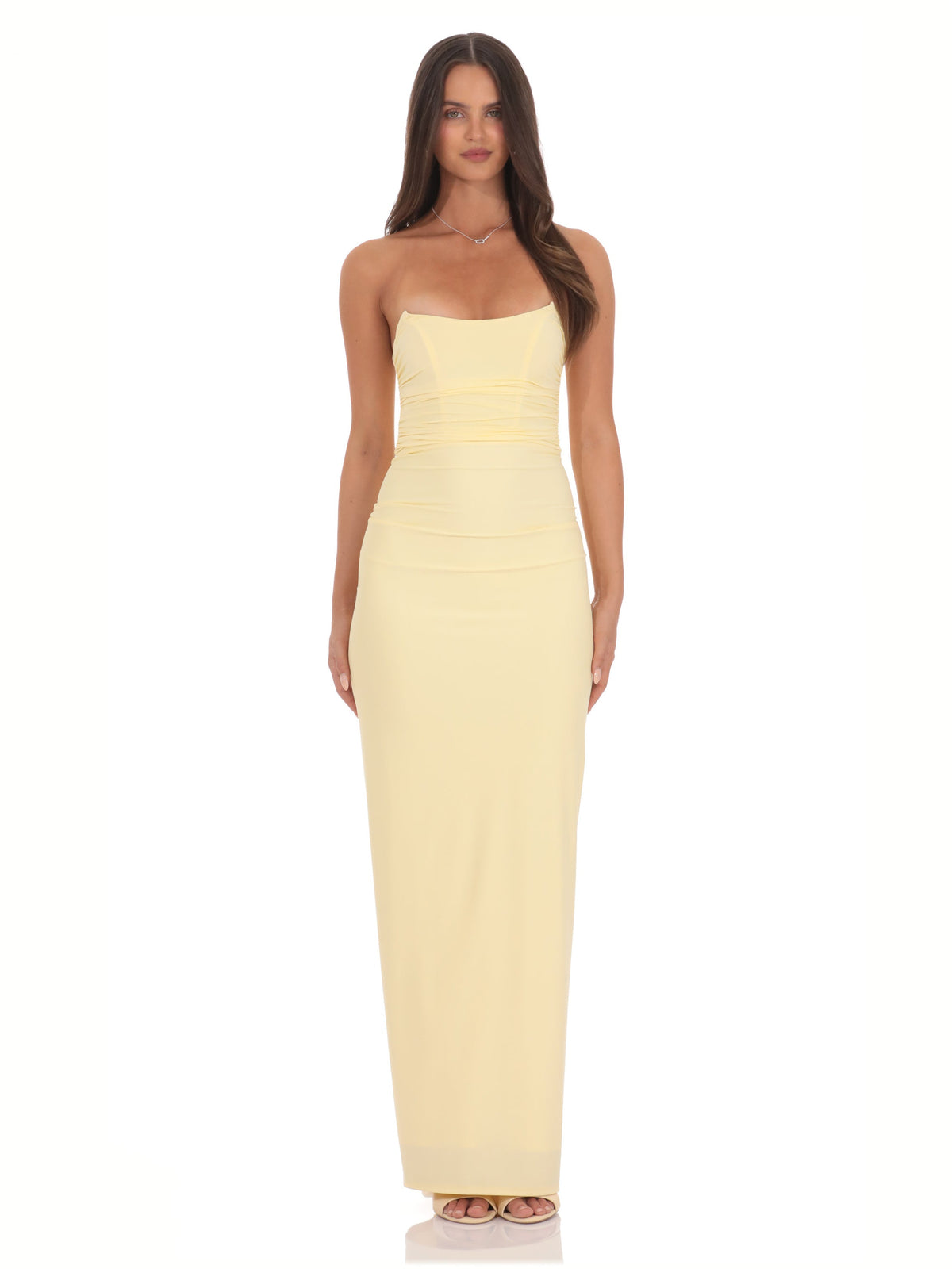 Yellow bridesmaid dress with a-line silhouette and maxi length