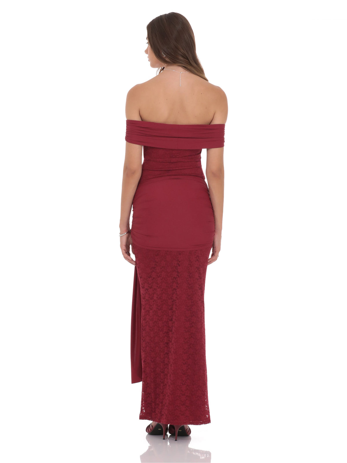 Maroon bridesmaid dress with a-line silhouette and maxi length
