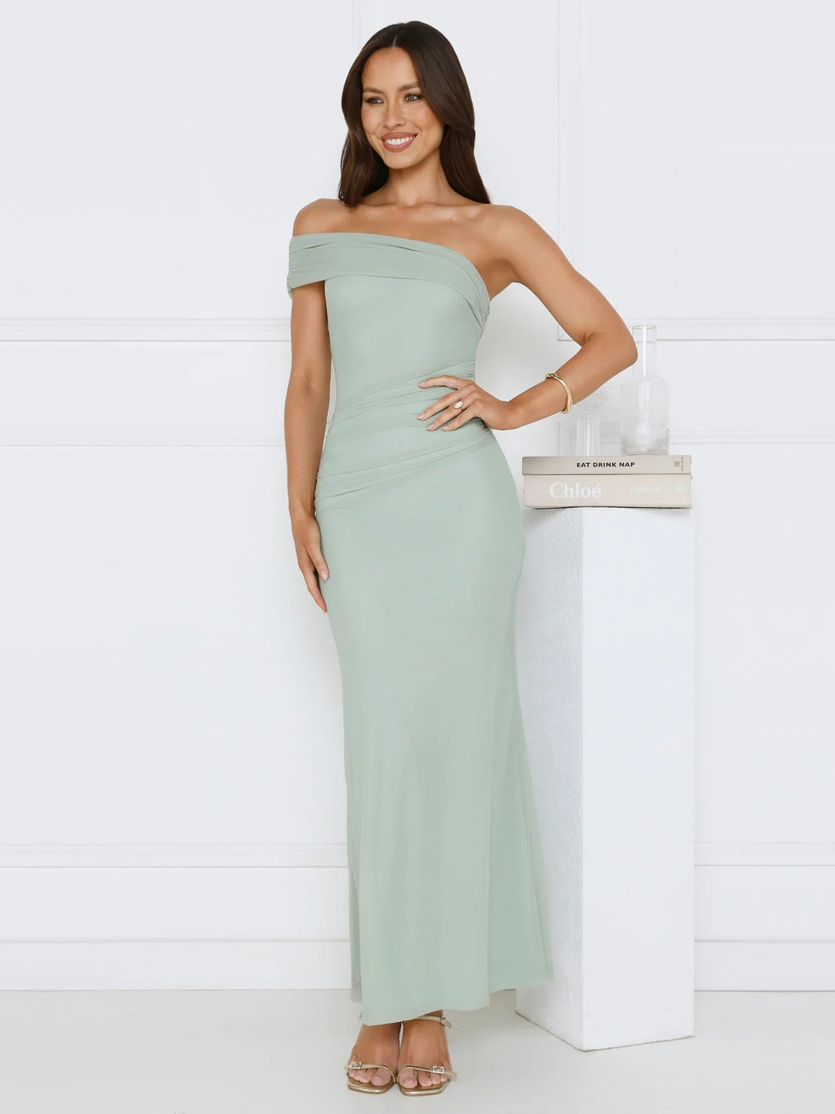 Sage sheath maxi formal dress with one-shoulder neckline, full-length front view