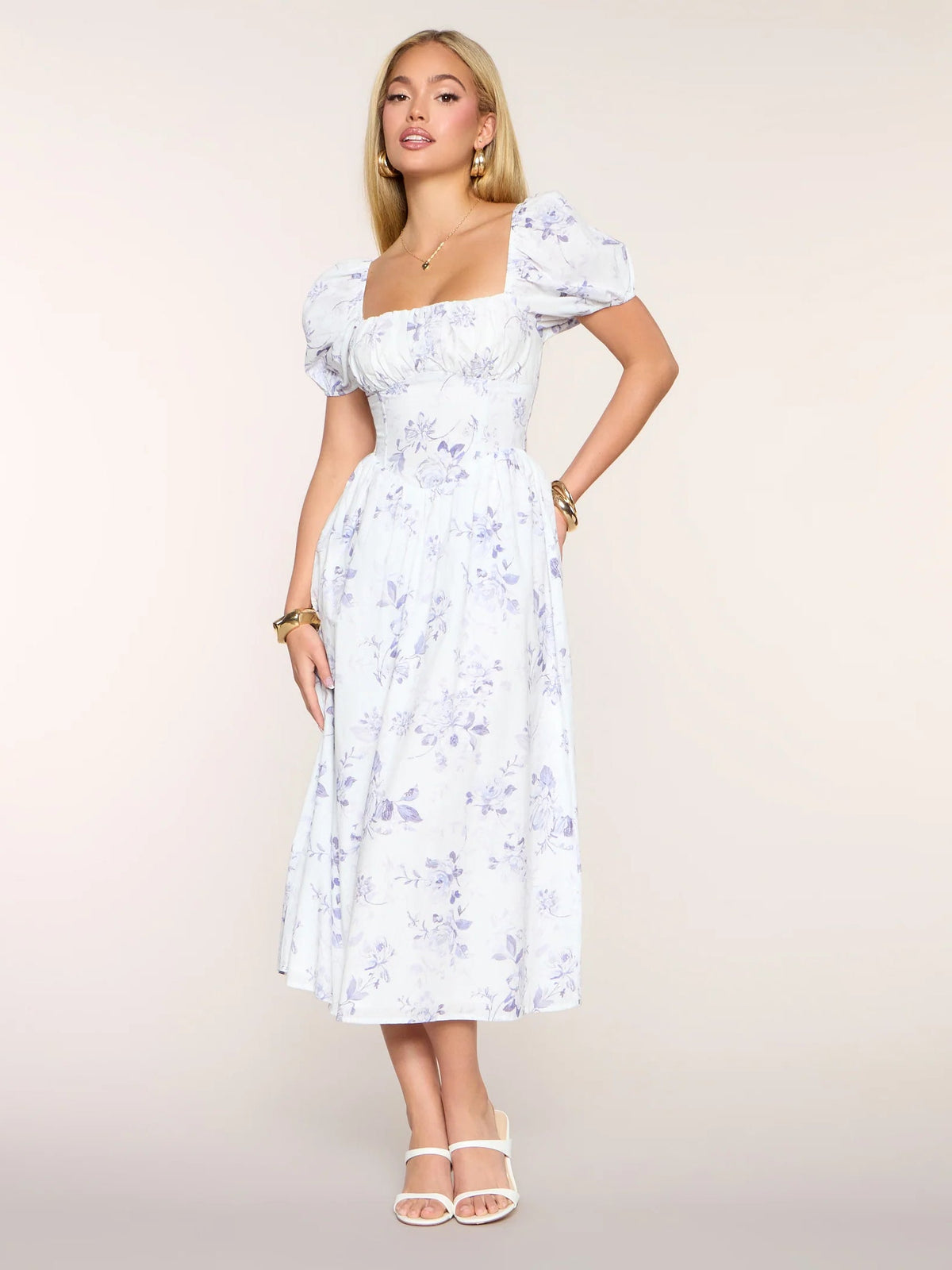 Floral midi formal dress with puff sleeves, square neckline, and fitted bodice