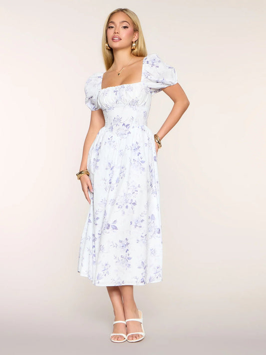 Floral midi formal dress with floral print, full-length front view