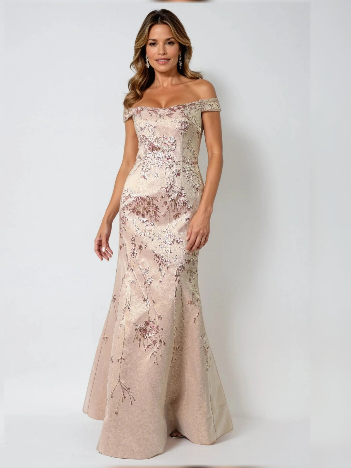 Champagne floral sweetheart A-line floor-length dress, off-shoulder sleeves