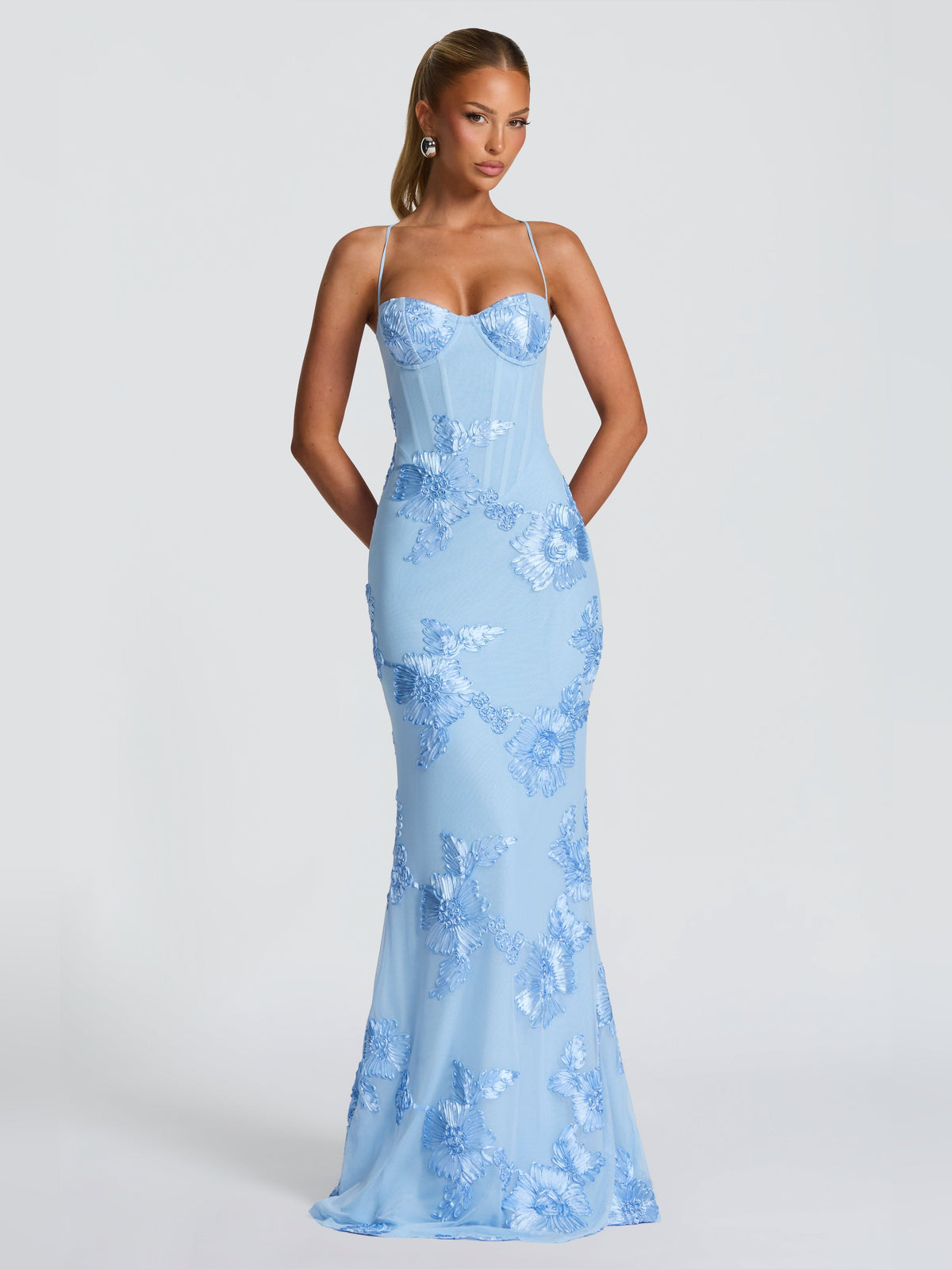 Blue mermaid maxi formal dress with sweetheart neckline, full-length front view