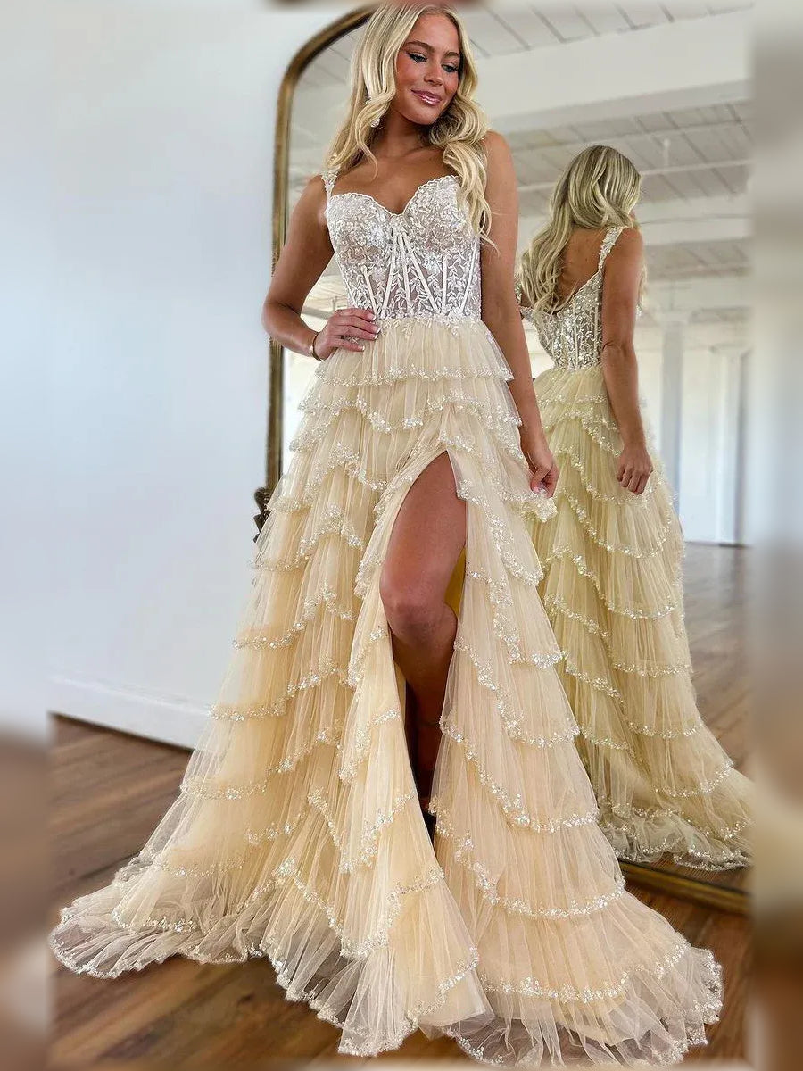 Champagne sweetheart corset tiered formal gown with sleeveless bodice and ruffle layers