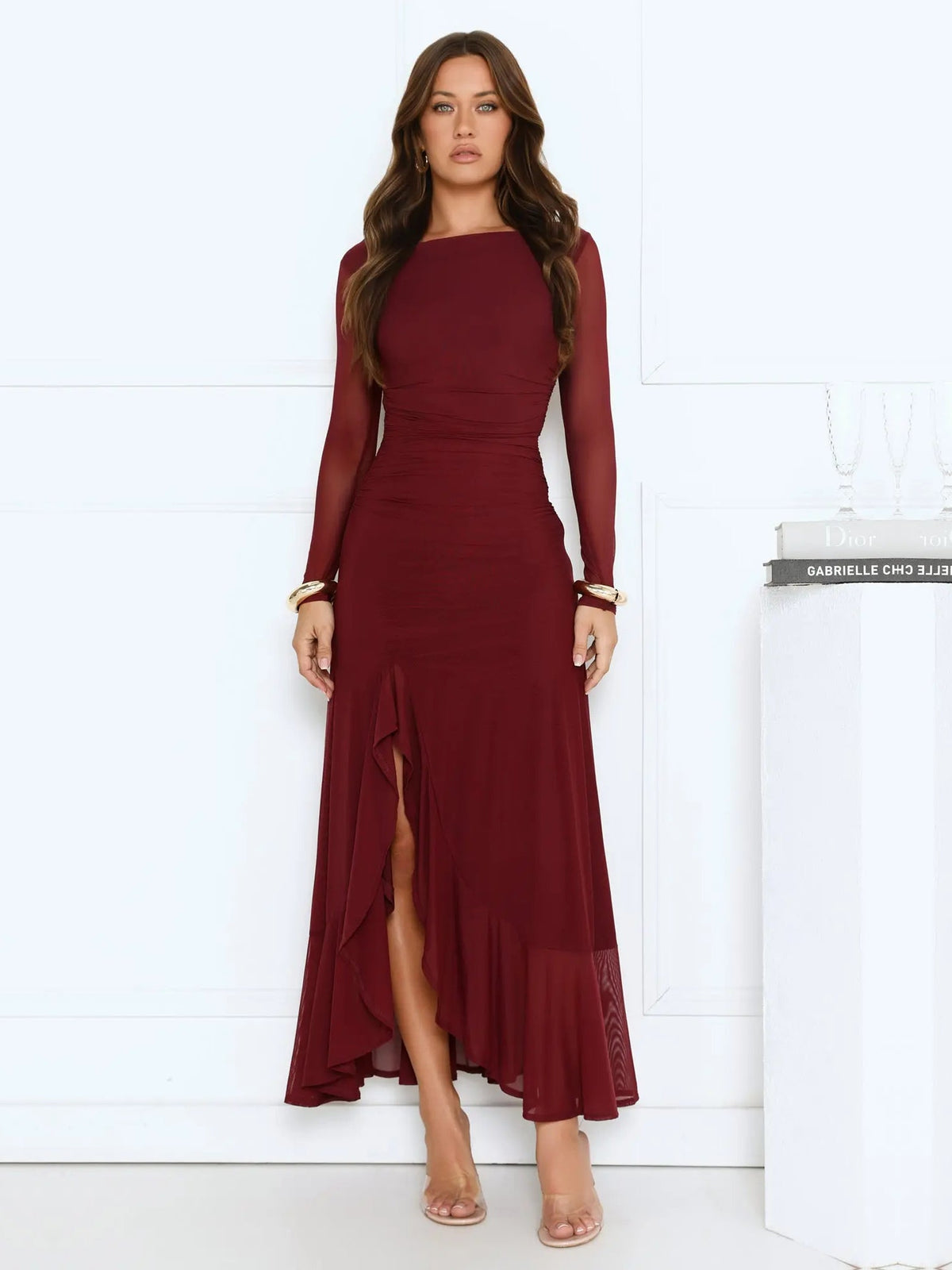 Wine a-line maxi formal dress with V-neckline, full-length front view