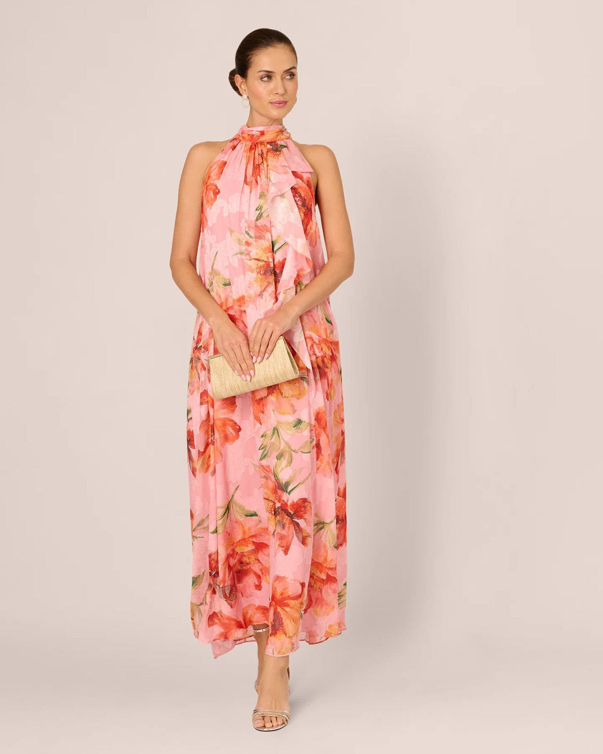 Pink floral print halter neck A-line maxi dress with draped neckline